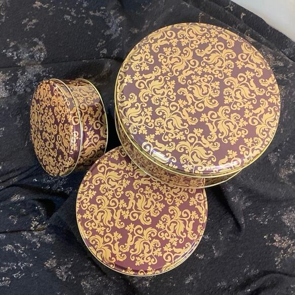 Nesting Tin Set of 3 maroon gold Paisley Filigree Art Deco Storage Organization - Picture 3 of 10